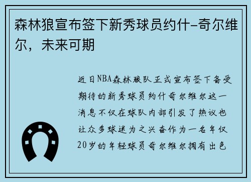 森林狼宣布签下新秀球员约什-奇尔维尔，未来可期