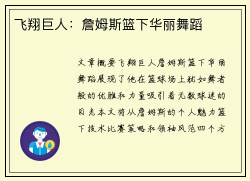 飞翔巨人：詹姆斯篮下华丽舞蹈
