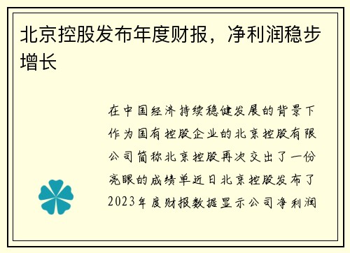 北京控股发布年度财报，净利润稳步增长