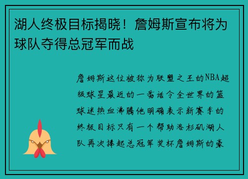 湖人终极目标揭晓！詹姆斯宣布将为球队夺得总冠军而战