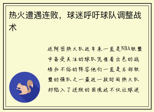热火遭遇连败，球迷呼吁球队调整战术