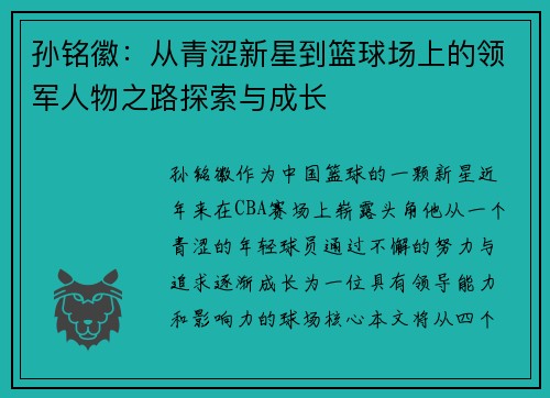 孙铭徽：从青涩新星到篮球场上的领军人物之路探索与成长