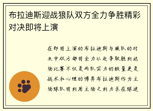 布拉迪斯迎战狼队双方全力争胜精彩对决即将上演