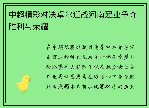 中超精彩对决卓尔迎战河南建业争夺胜利与荣耀